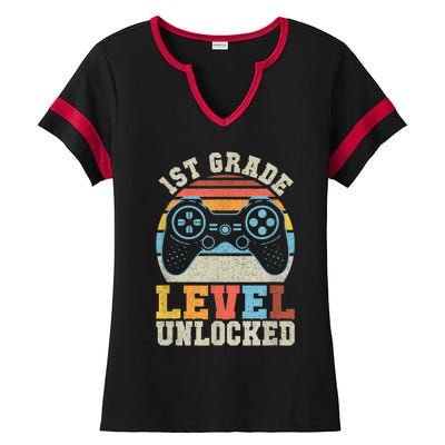 First Grade Level Unlocked Gamer 1st Day Of School Boys Ladies Halftime Notch Neck Tee