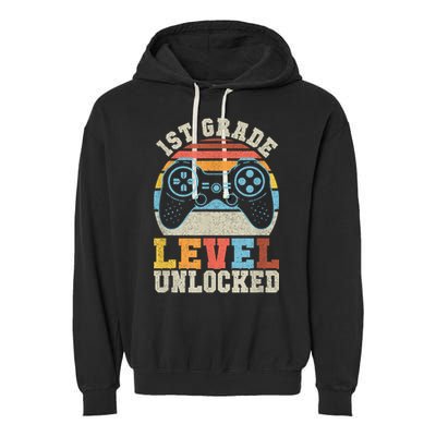 First Grade Level Unlocked Gamer 1st Day Of School Boys Garment-Dyed Fleece Hoodie