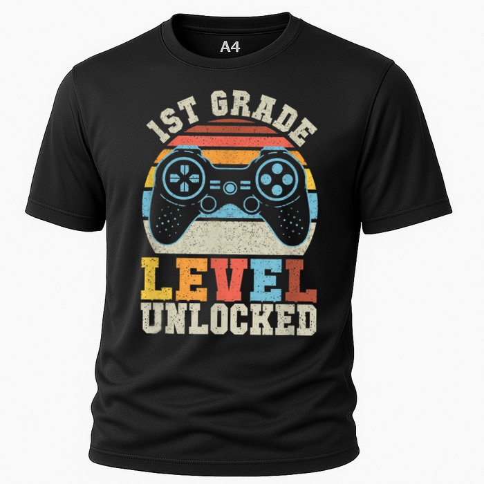 First Grade Level Unlocked Gamer 1st Day Of School Boys Cooling Performance Crew T-Shirt