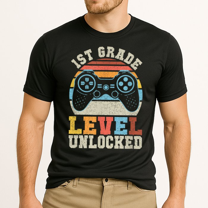 First Grade Level Unlocked Gamer 1st Day Of School Boys Cooling Performance Crew T-Shirt