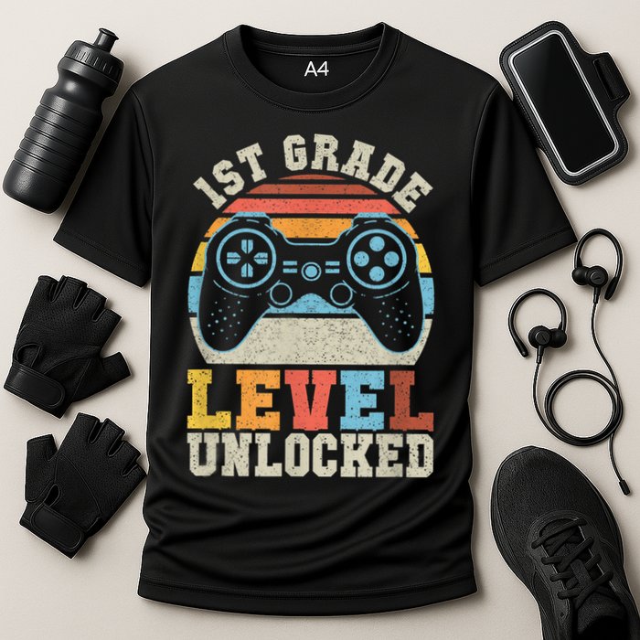 First Grade Level Unlocked Gamer 1st Day Of School Boys Cooling Performance Crew T-Shirt