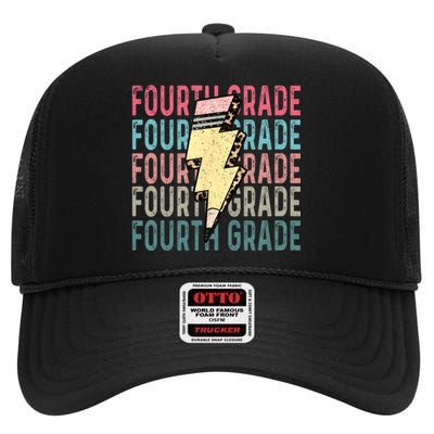 Fourth Grade Lightning Bolt Pencil Retro Teacher High Crown Mesh Back Trucker Hat