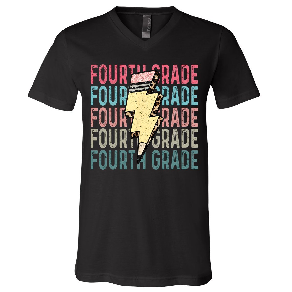 Fourth Grade Lightning Bolt Pencil Retro Teacher V-Neck T-Shirt