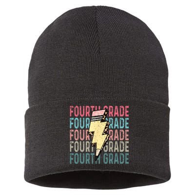 Fourth Grade Lightning Bolt Pencil Retro Teacher Sustainable Knit Beanie