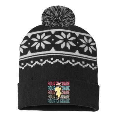 Fourth Grade Lightning Bolt Pencil Retro Teacher USA-Made Snowflake Beanie