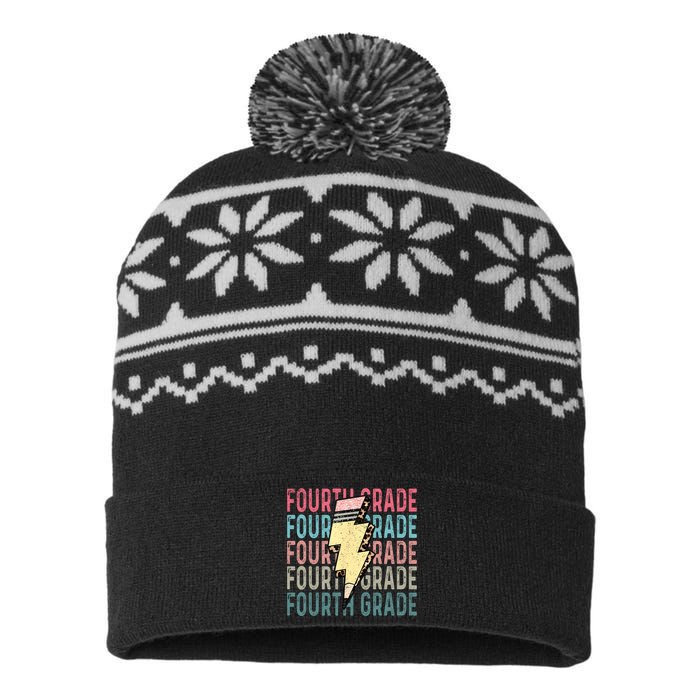 Fourth Grade Lightning Bolt Pencil Retro Teacher USA-Made Snowflake Beanie