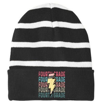 Fourth Grade Lightning Bolt Pencil Retro Teacher Striped Beanie with Solid Band