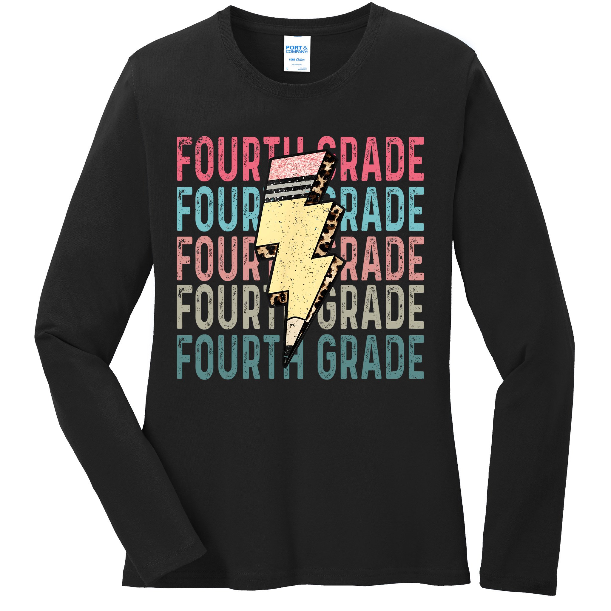Fourth Grade Lightning Bolt Pencil Retro Teacher Ladies Long Sleeve Shirt