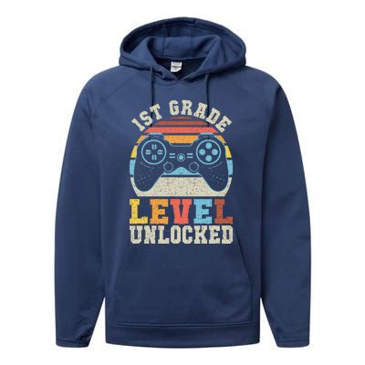 First Grade Level Unlocked Gamer 1st Day Of School Gift Performance Fleece Hoodie