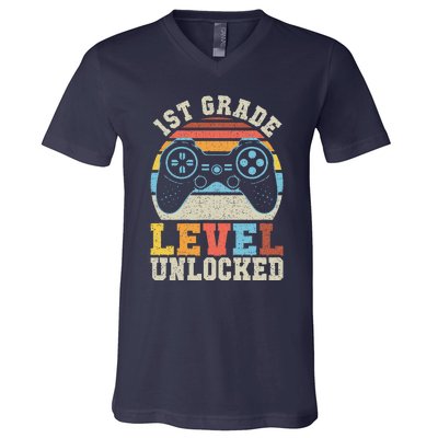 First Grade Level Unlocked Gamer 1st Day Of School Gift V-Neck T-Shirt