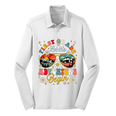 First Grade Let The Adventure Begin School Adventure Back To School Squad Silk Touch Performance Long Sleeve Polo