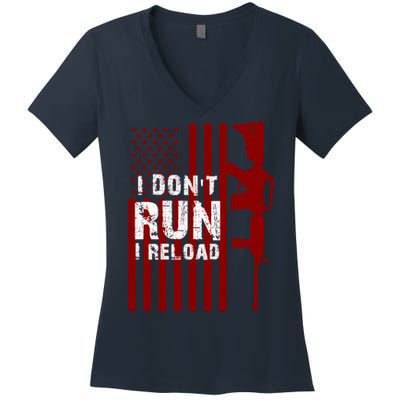 Funny Gun Lovers I Don't Run I Reload Gun Owners US Flag Women's V-Neck T-Shirt