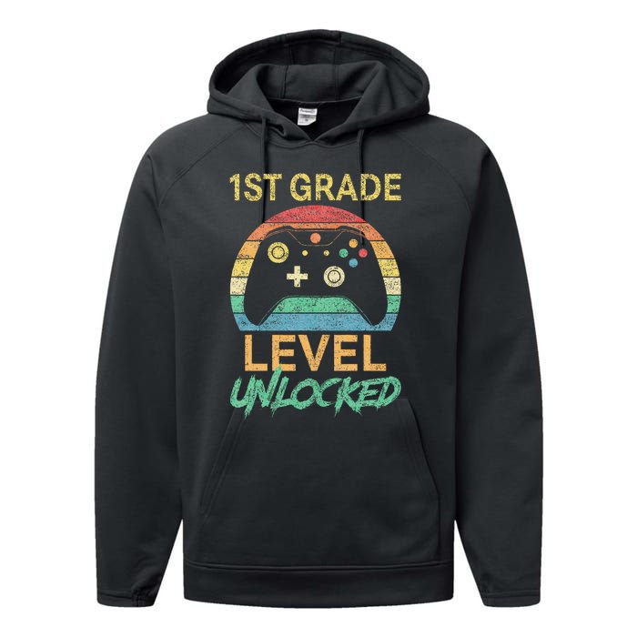 First Grade Level Unlocked Gamer 1st Day Of School Performance Fleece Hoodie