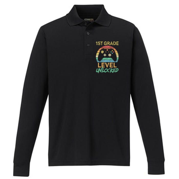 First Grade Level Unlocked Gamer 1st Day Of School Performance Long Sleeve Polo