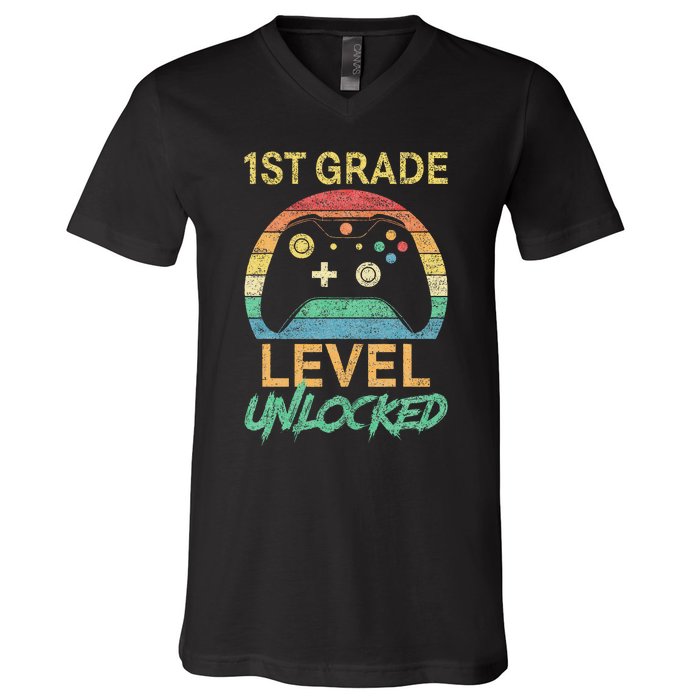 First Grade Level Unlocked Gamer 1st Day Of School V-Neck T-Shirt