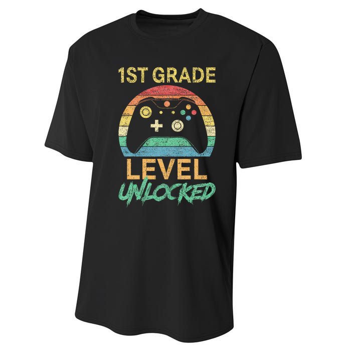 First Grade Level Unlocked Gamer 1st Day Of School Performance Sprint T-Shirt