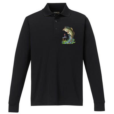 Fishing Graphic Large Mouth Bass Fish Performance Long Sleeve Polo