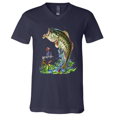 Fishing Graphic Large Mouth Bass Fish V-Neck T-Shirt