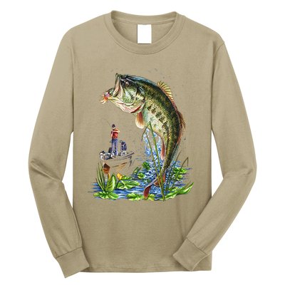 Fishing Graphic Large Mouth Bass Fish Long Sleeve Shirt