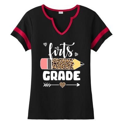 First Grade Leopard Pencil 1st Grader Students Teachers Ladies Halftime Notch Neck Tee