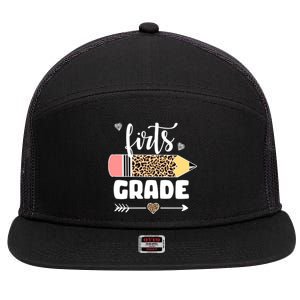 First Grade Leopard Pencil 1st Grader Students Teachers 7 Panel Mesh Trucker Snapback Hat