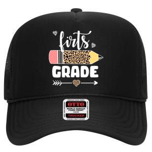 First Grade Leopard Pencil 1st Grader Students Teachers High Crown Mesh Back Trucker Hat