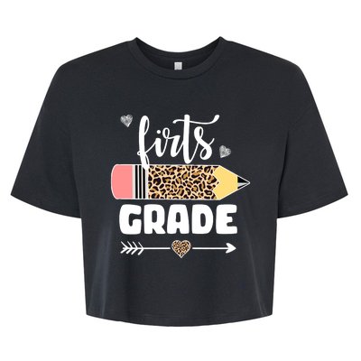 First Grade Leopard Pencil 1st Grader Students Teachers Bella+Canvas Jersey Crop Tee