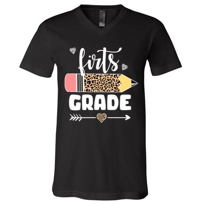 First Grade Leopard Pencil 1st Grader Students Teachers V-Neck T-Shirt