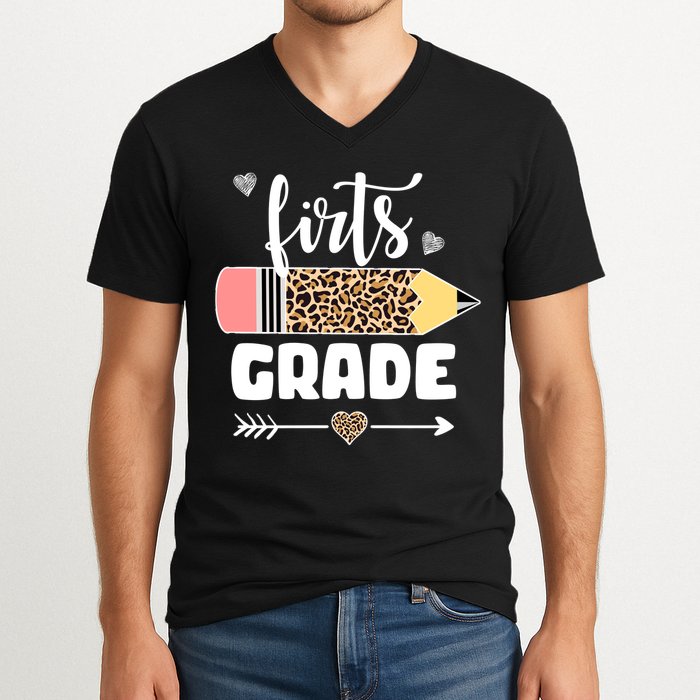 First Grade Leopard Pencil 1st Grader Students Teachers V-Neck T-Shirt
