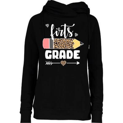 First Grade Leopard Pencil 1st Grader Students Teachers Womens Funnel Neck Pullover Hood