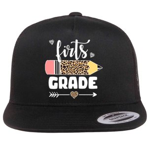 First Grade Leopard Pencil 1st Grader Students Teachers Flat Bill Trucker Hat