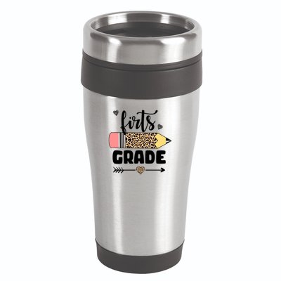 First Grade Leopard Pencil 1st Grader Students Teachers 16oz Travel Tumbler
