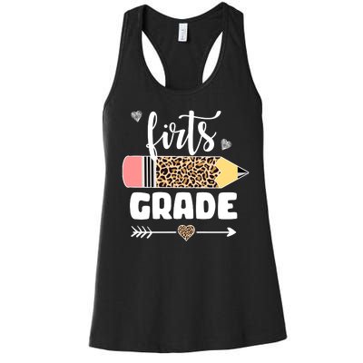 First Grade Leopard Pencil 1st Grader Students Teachers Women's Racerback Tank