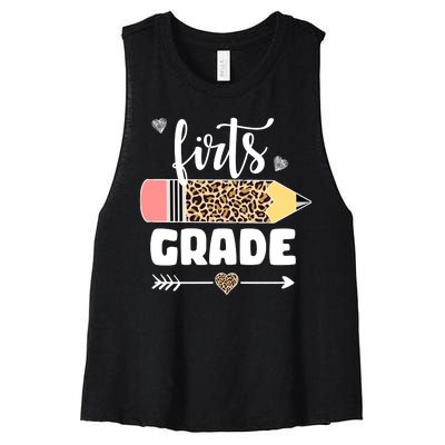 First Grade Leopard Pencil 1st Grader Students Teachers Women's Racerback Cropped Tank