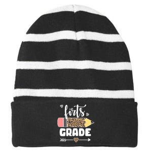 First Grade Leopard Pencil 1st Grader Students Teachers Striped Beanie with Solid Band