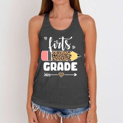 First Grade Leopard Pencil 1st Grader Students Teachers Women's Knotted Racerback Tank