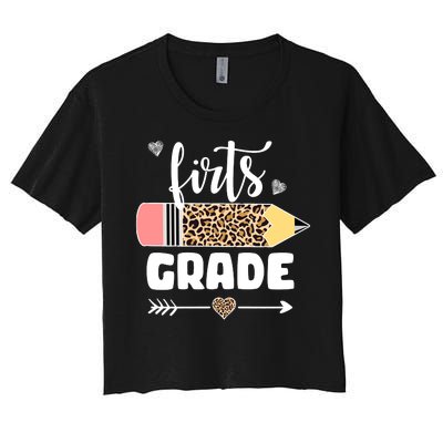 First Grade Leopard Pencil 1st Grader Students Teachers Women's Crop Top Tee