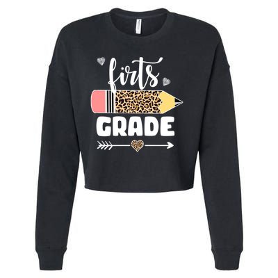 First Grade Leopard Pencil 1st Grader Students Teachers Cropped Pullover Crew