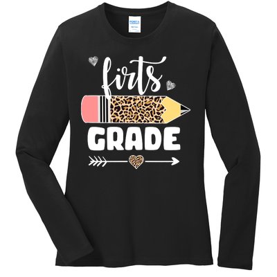 First Grade Leopard Pencil 1st Grader Students Teachers Ladies Long Sleeve Shirt