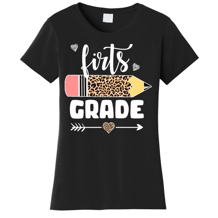 First Grade Leopard Pencil 1st Grader Students Teachers Women's T-Shirt