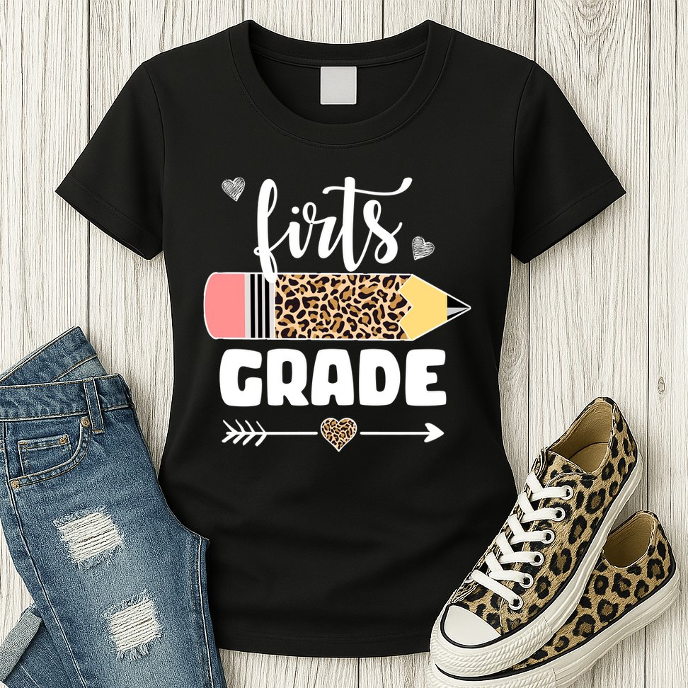 First Grade Leopard Pencil 1st Grader Students Teachers Womens T-Shirt