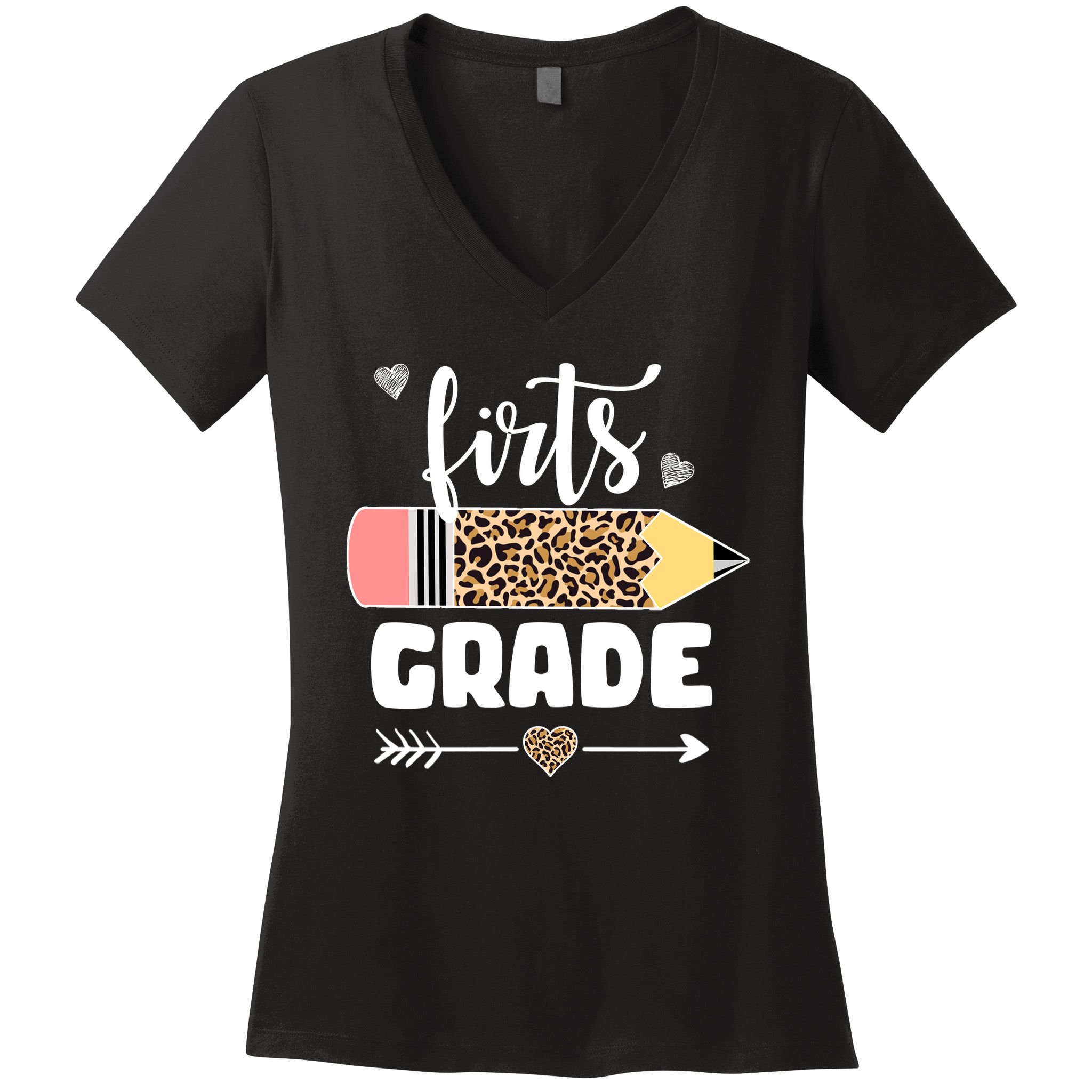 First Grade Leopard Pencil 1st Grader Students Teachers Women's V-Neck T-Shirt