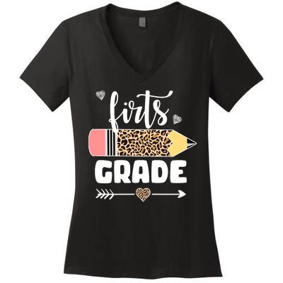 First Grade Leopard Pencil 1st Grader Students Teachers Women's V-Neck T-Shirt