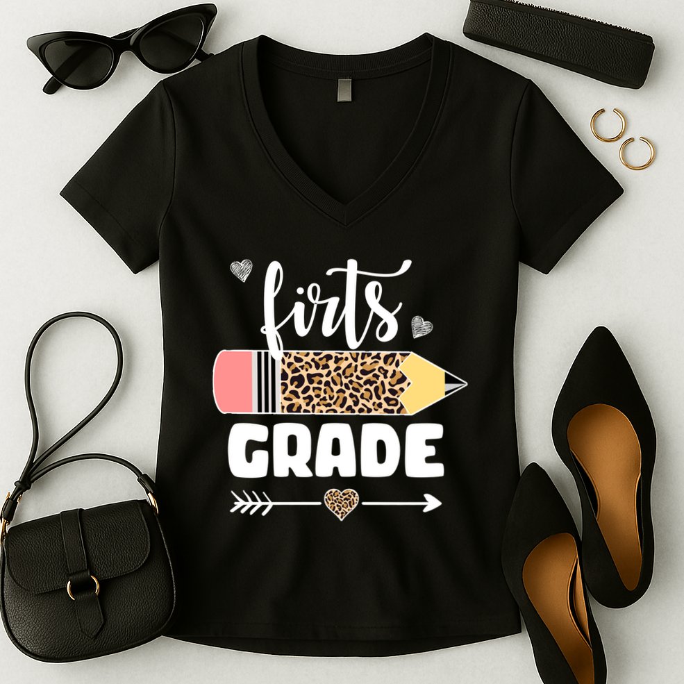 First Grade Leopard Pencil 1st Grader Students Teachers Women's V-Neck T-Shirt