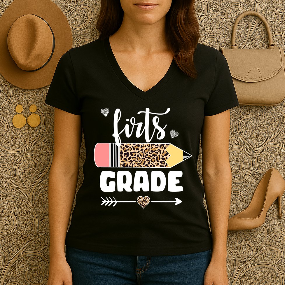 First Grade Leopard Pencil 1st Grader Students Teachers Women's V-Neck T-Shirt