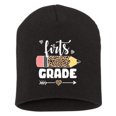 First Grade Leopard Pencil 1st Grader Students Teachers Short Acrylic Beanie