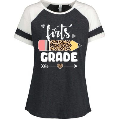 First Grade Leopard Pencil 1st Grader Students Teachers Enza Ladies Jersey Colorblock Tee