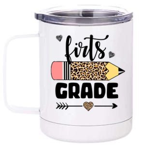 First Grade Leopard Pencil 1st Grader Students Teachers 12 oz Stainless Steel Tumbler Cup