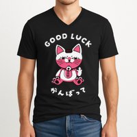 Funny Good Luck Japanese Cat Turbo Granny Yokai Cat Sarcasm V-Neck T-Shirt