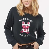 Funny Good Luck Japanese Cat Turbo Granny Yokai Cat Sarcasm Cropped Pullover Crew